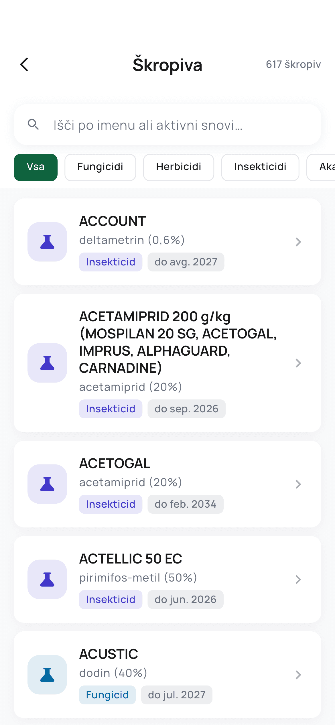 Register FFS (fitofarmacevtskih sredstev) z iskanjem in filtri